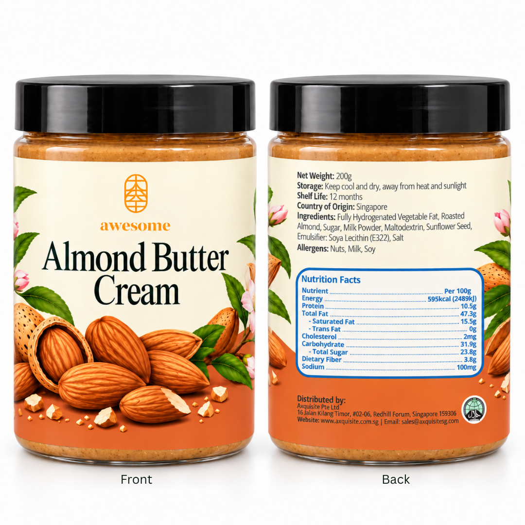 Awesome Almond Butter Cream 200g front and back packaging with ingredients and nutrition information