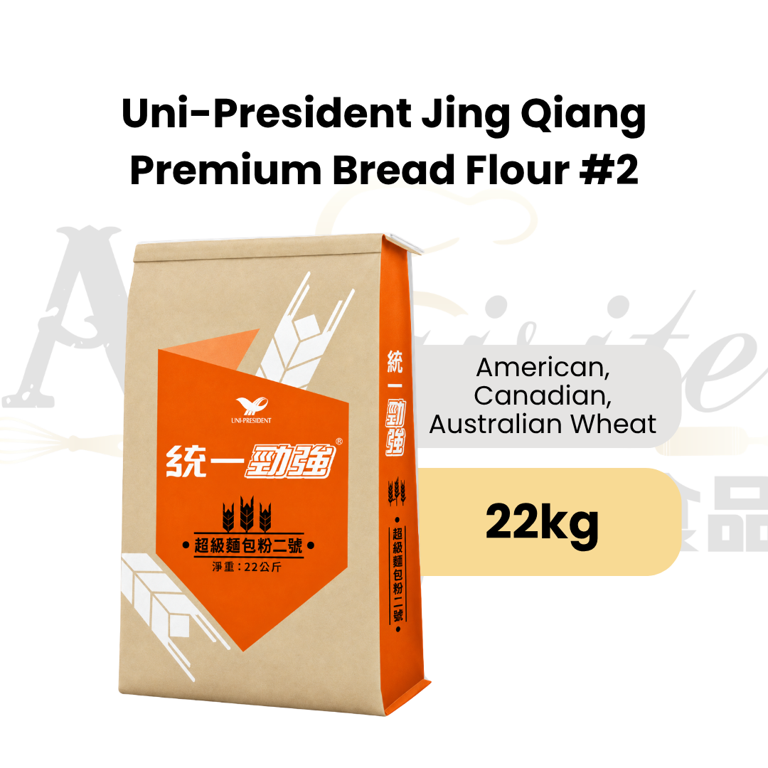 Uni-President Jing Qiang Premium Bread Flour made from American, Canadian and Australian hard wheat, in 22kg packaging.