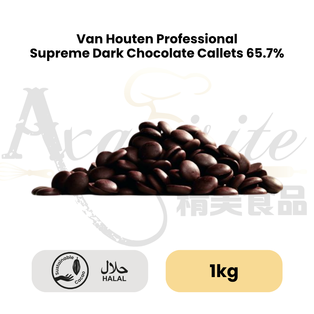 A 1kg bulk bag of Van Houten Supreme dark chocolate callets with sustainable cacao and Halal logos, perfect for wholesale baking, enrobing, coating, and ganache in Singapore.