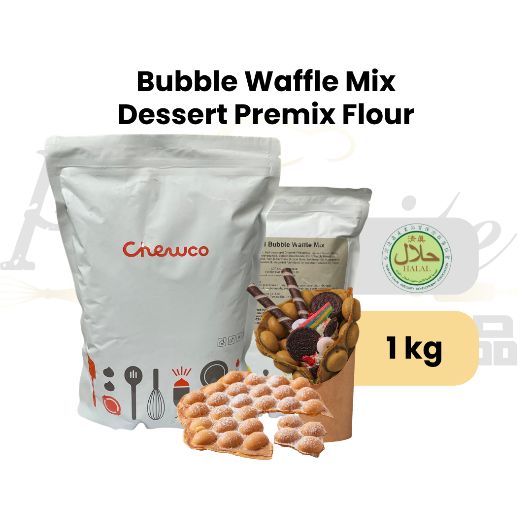 Packaging of bubble waffle mix with a picture of bubble waffles and text indicating '1 kg' on a white background.