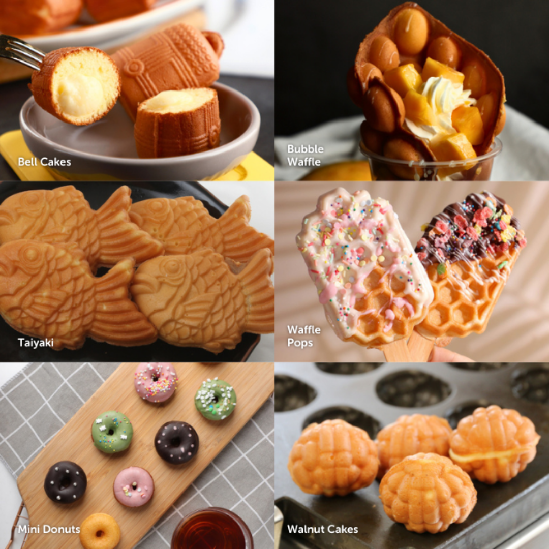 Collage of various dessert items including bubble waffle, taiyaki, waffle pops, mini donuts, and walnut waffle cakes.