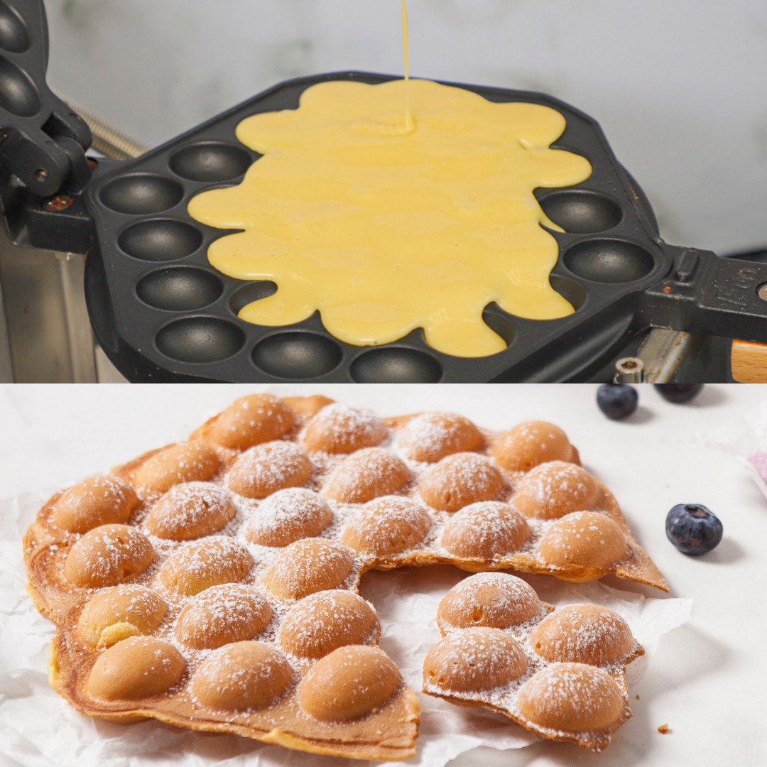 Waffle ball maker with batter and finished waffle balls on a white surface.