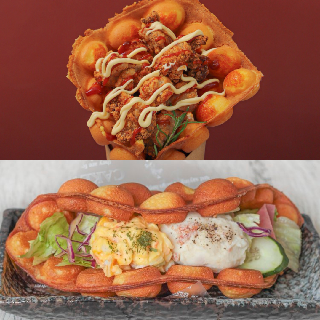 Two types of bread rolls with various fillings on Bubble waffle