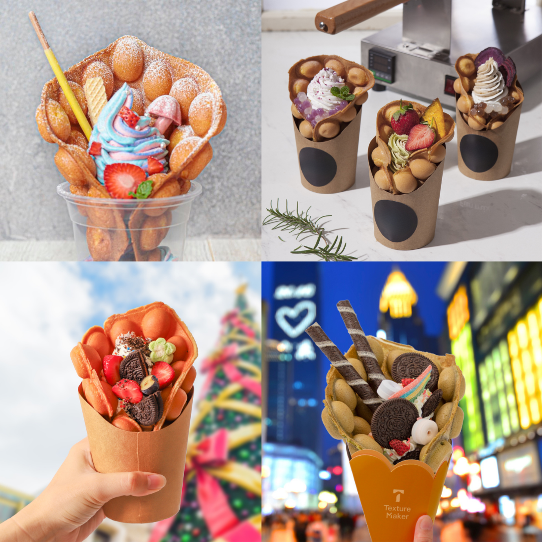Collage of various bubble waffle Mix dessert cones with different toppings in an urban setting.