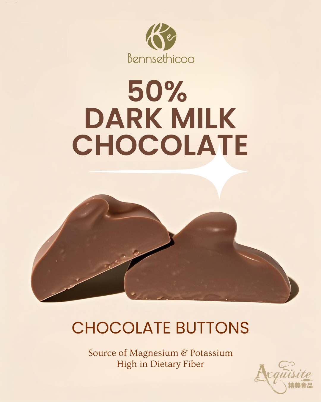 Dark Milk Chocolate, Halal chocolate, Smooth milk chocolate, Chocolate for milk chocolate lovers, 50% cacao chocolate, Less sweet chocolate, Healthy Chocolate, Chocolate high in dietary fiber, Chocolate with nuts and soya, Potassium and magnesium chocolate, Rich cacao milk chocolate, Chocolate for baking and snacking, Halal chocolate bar, Smooth and rich chocolate