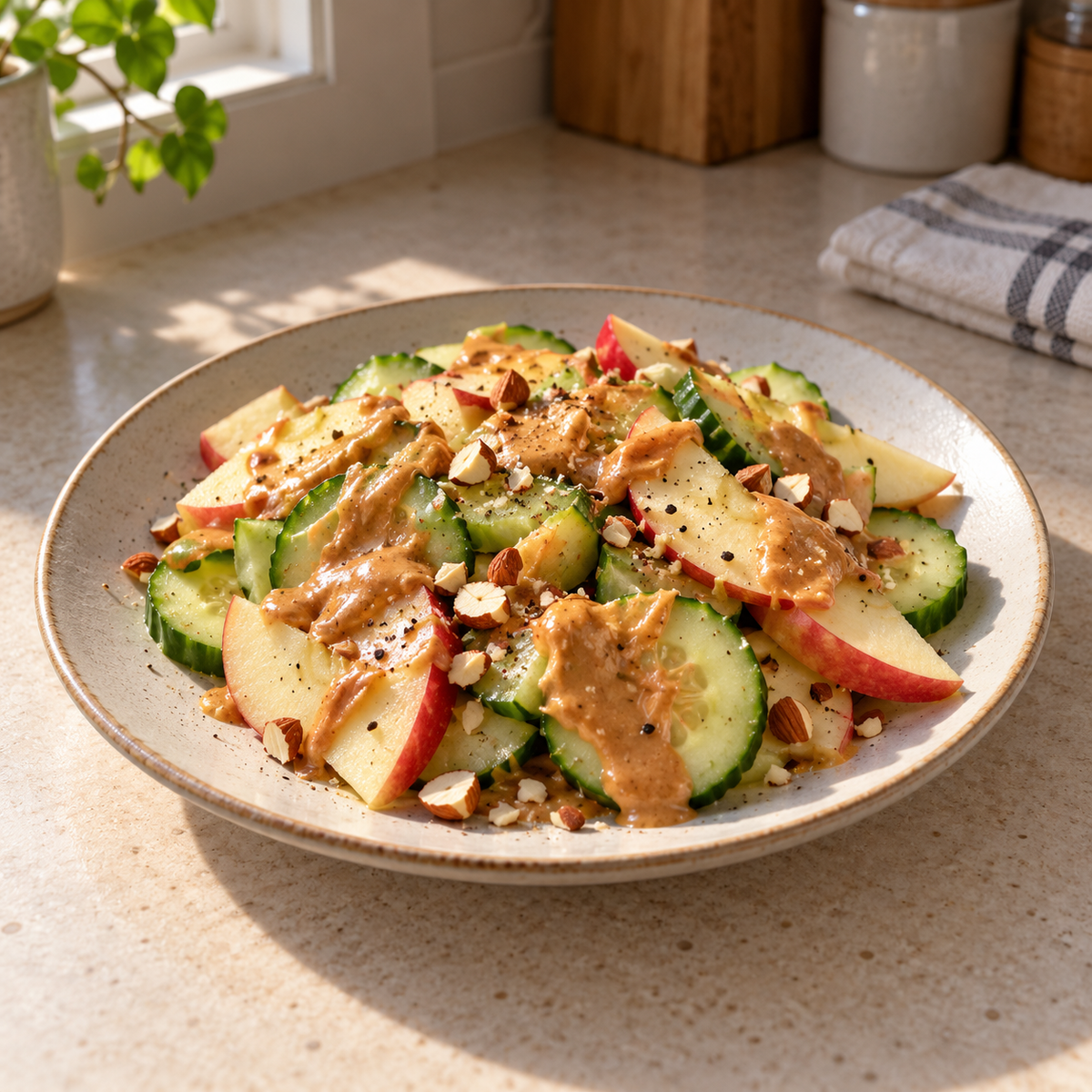 Apple and cucumber salad topped with Almond Butter Cream
