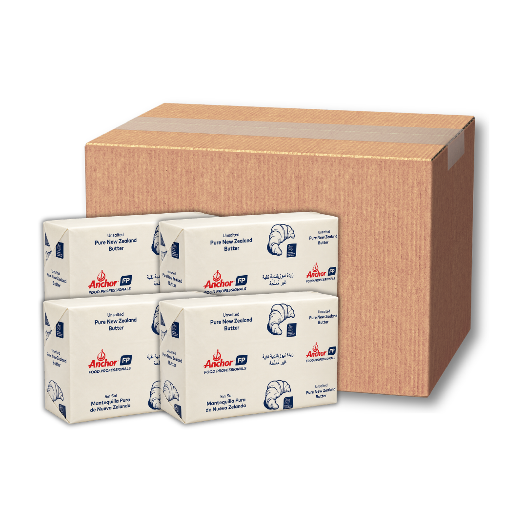 Anchor Food Professionals Unsalted Butter carton of 4 × 5kg blocks, shown with four wrapped butter blocks in front of a cardboard carton.