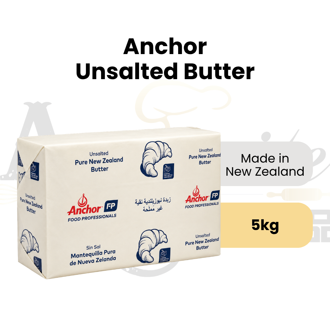 Anchor Food Professionals Unsalted Butter 5kg with New Zealand origin and pack size displayed beside the wrapped block