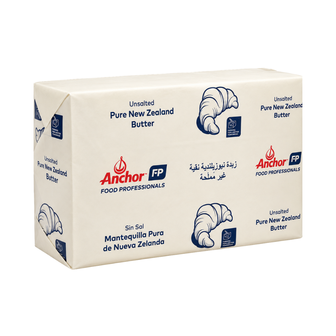 Anchor Food Professionals Unsalted Butter 5kg block in cream packaging with blue croissant illustrations on a white background