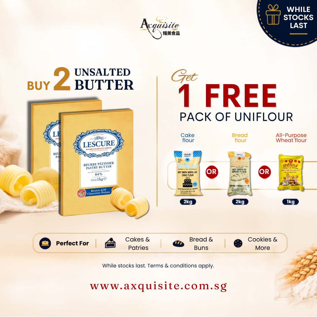 Buy 2 Lescure Unsalted Butter Get 1 free pack of UniFlour. Lescure Butter , Cake Flour , Bread Flour , All-Purpose Wheat Flour , Baking Ingredients , Axquisite