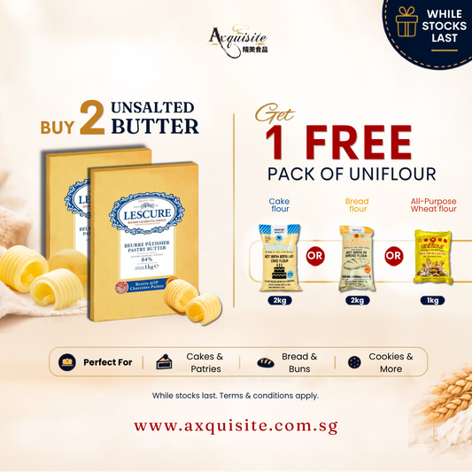 Buy 2 Lescure Unsalted Butter Get 1 free pack of UniFlour. Lescure Butter , Cake Flour , Bread Flour , All-Purpose Wheat Flour , Baking Ingredients , Axquisite