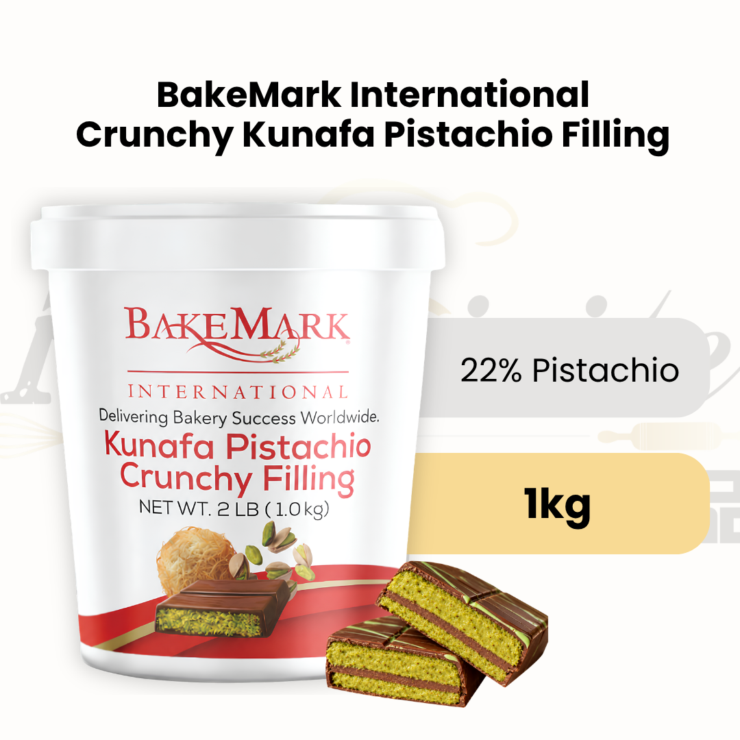 kunafa pistachio filling, pistachio kunafa cream, kunafa pistachio crunchy filling cream, crunchy pistachio cream Singapore, BakeMark International crunchy kunafa pistachio filling, 22% pistachio filling cream, halal pistachio kunafa cream, 1kg pistachio kunafa spread, wholesale pistachio kunafa filling Singapore, bulk pistachio cream supplier Singapore, bakery ingredient supplier Singapore, kunafa pistachio chocolate filling, Dubai chocolate bar filling ingredient, pistachio kunafa filling for cakes