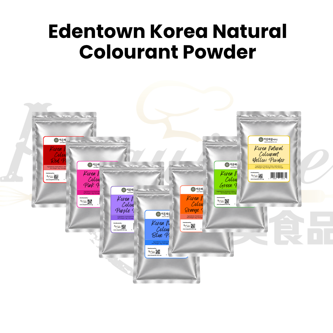 Edentown natural food colourant powders in yellow, red, pink, green, purple, blue and orange, available in 1kg packs. Vegan-friendly.