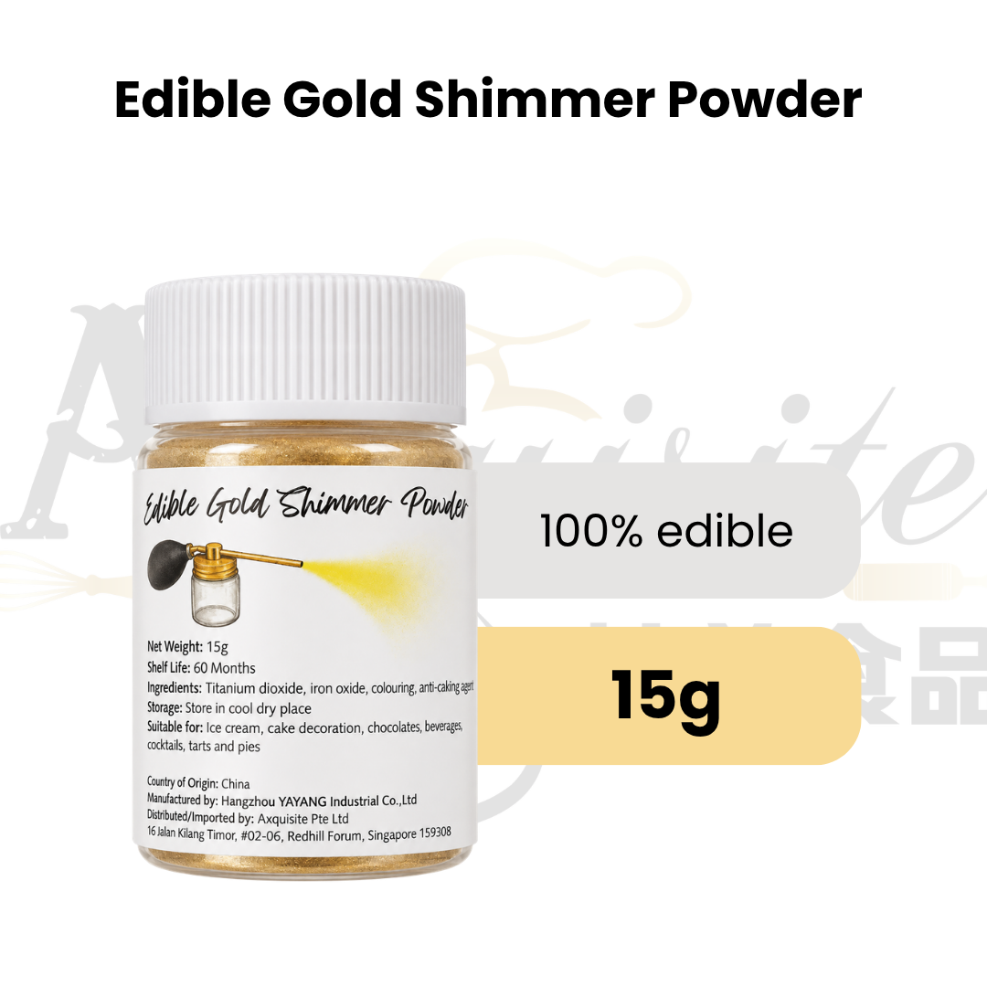 Edible Gold Shimmer Powder 15g for cake decorating, baking and desserts, adding a shimmering gold finish to food creations.