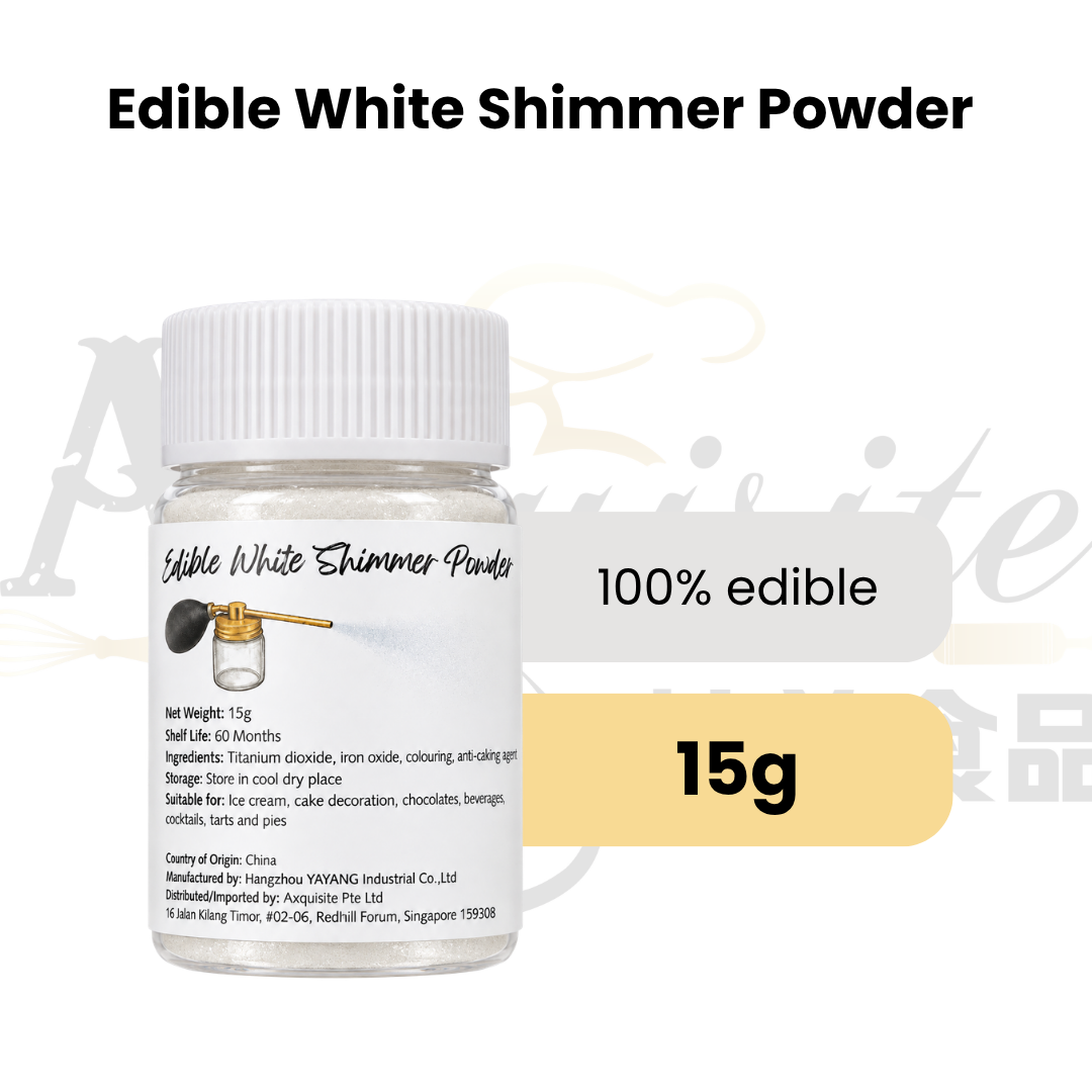 Edible White Shimmer Powder 15g for cake decorating, baking and desserts, adding a pearlescent white shimmer finish to food creations.