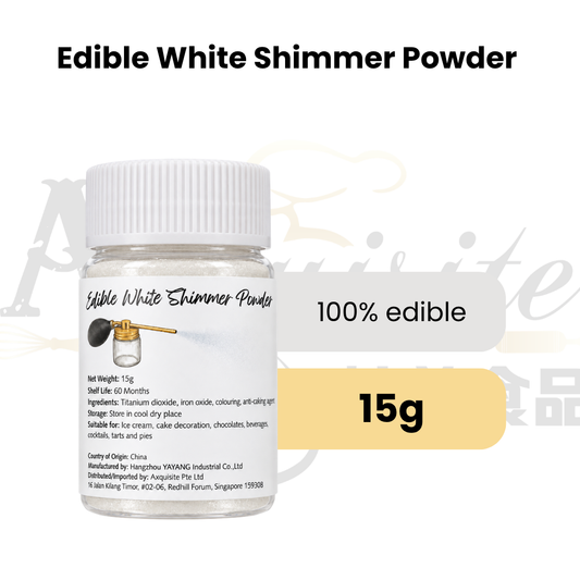Edible White Shimmer Powder 15g for cake decorating, baking and desserts, adding a pearlescent white shimmer finish to food creations.