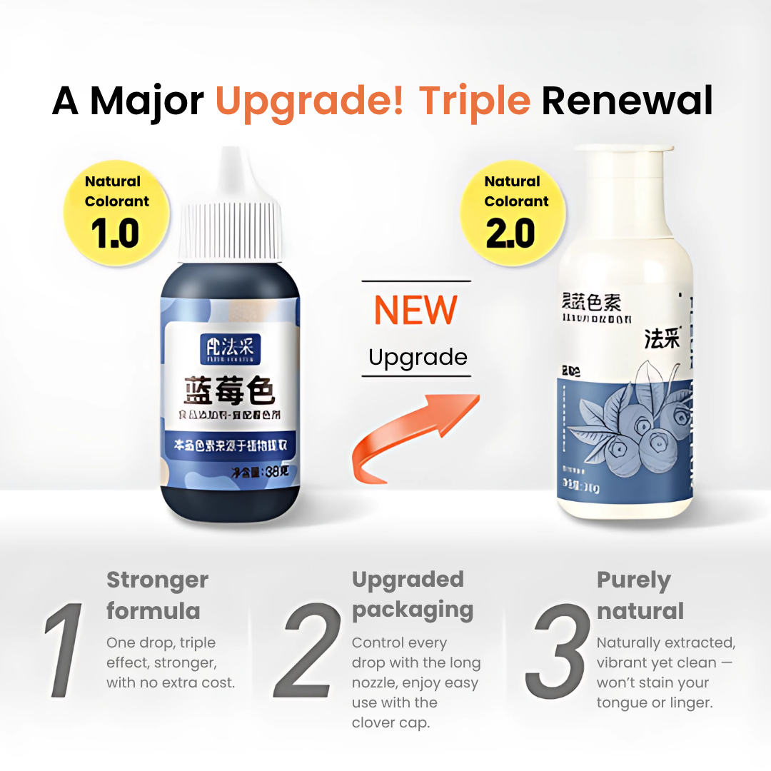 Two bottles of a product with text highlighting features like 'Stronger formula', 'Upgraded packaging', and 'Purely natural'. Fleur Couleur Colouring Liquid Natural 