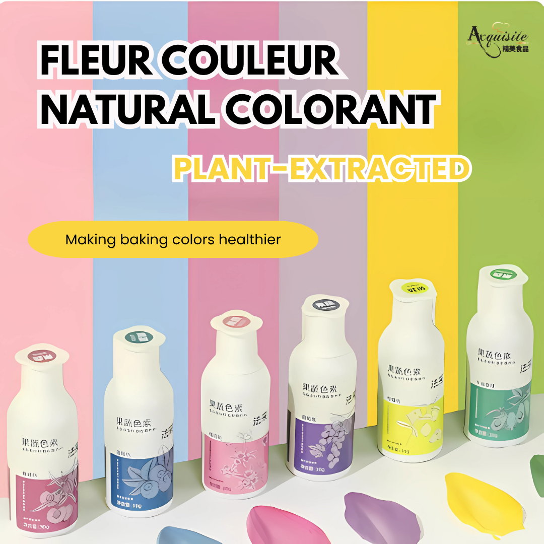 Bottles of Fleur Couleur natural colorant against a colorful striped background. Fleur Couleur Colouring Liquid Natural |