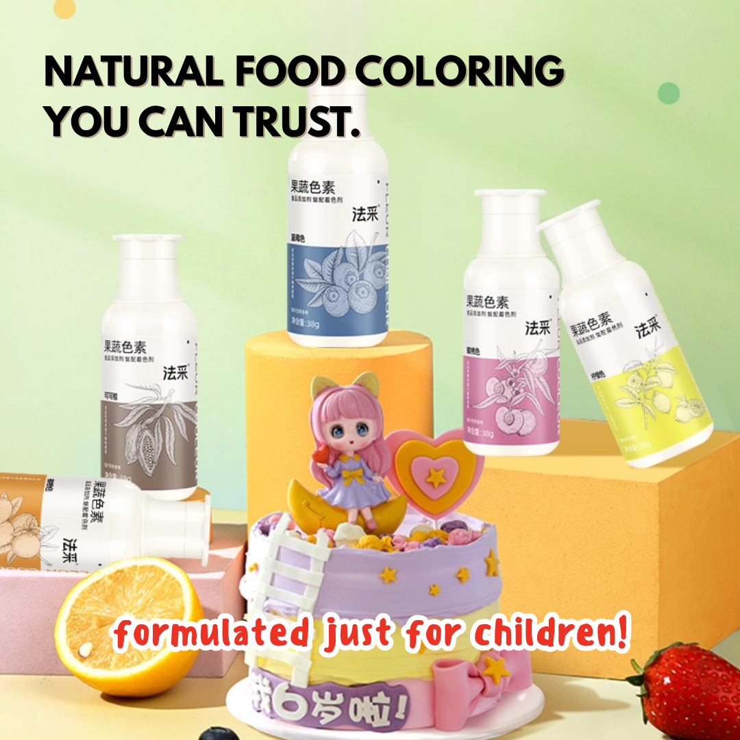 Assorted food coloring bottles with a child-themed cake and fruits on a light green background. Fleur Couleur Colouring Liquid Natural |