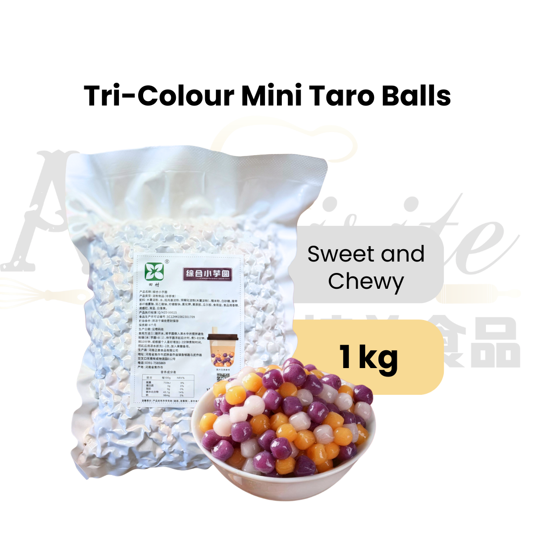 Packaging of Tri-Colour Mini Taro Balls with a bowl of the product on a white background