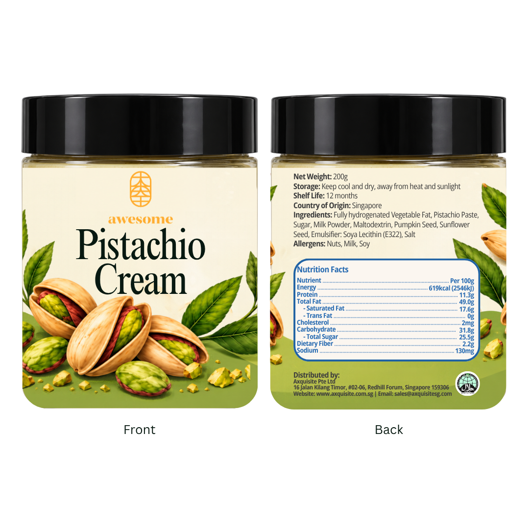 Awesome Pistachio Cream 200g front and back packaging with ingredients and nutrition information