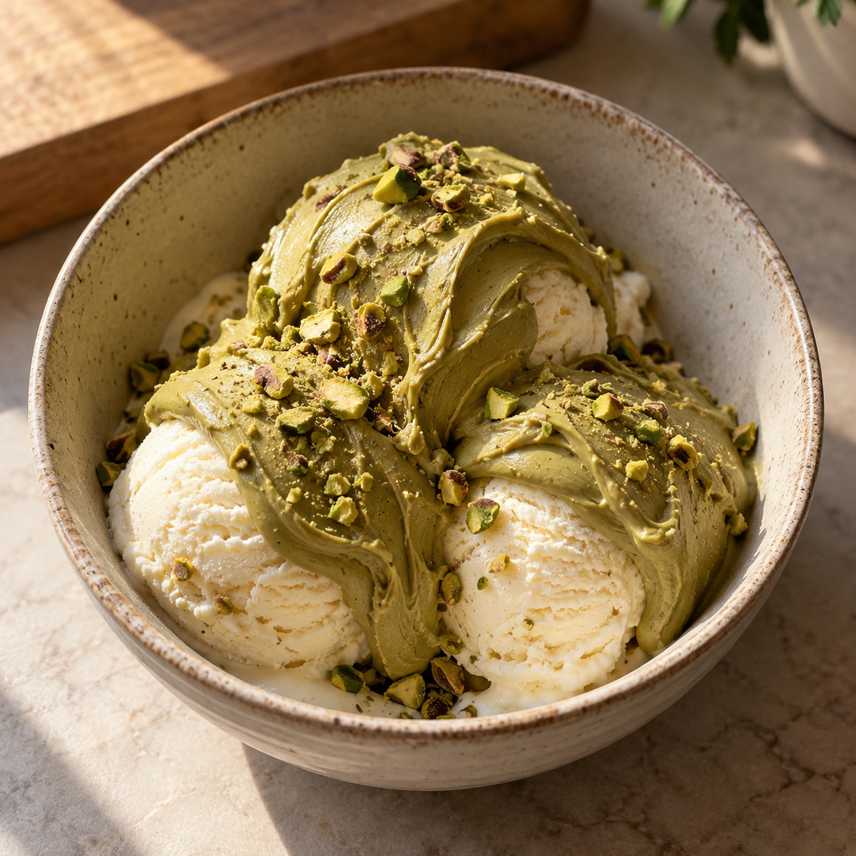 Vanilla ice cream topped with Pistachio Cream
