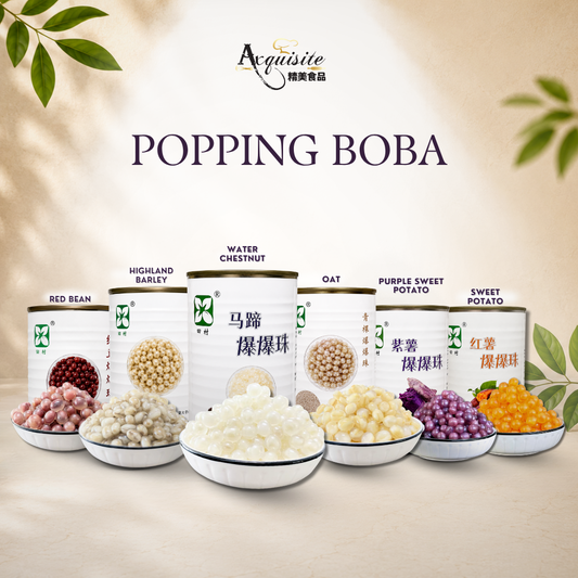 Six cans of Acquisite Popping Boba with corresponding bowls of the prepared bean powder displayed in front, set against a warm beige background with soft leaf shadows.