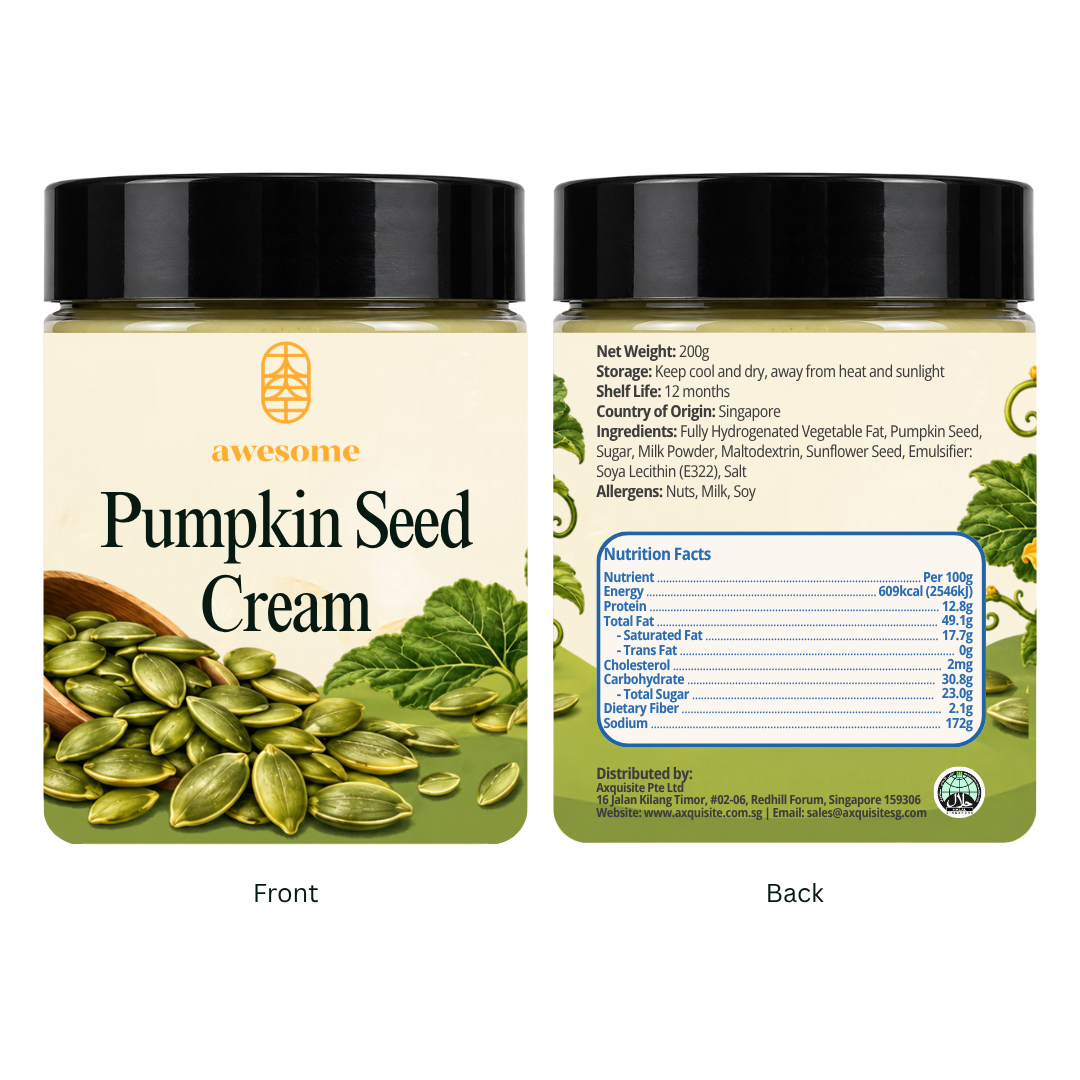 Awesome Pumpkin Seed Cream 200g front and back packaging with ingredients and nutrition information
