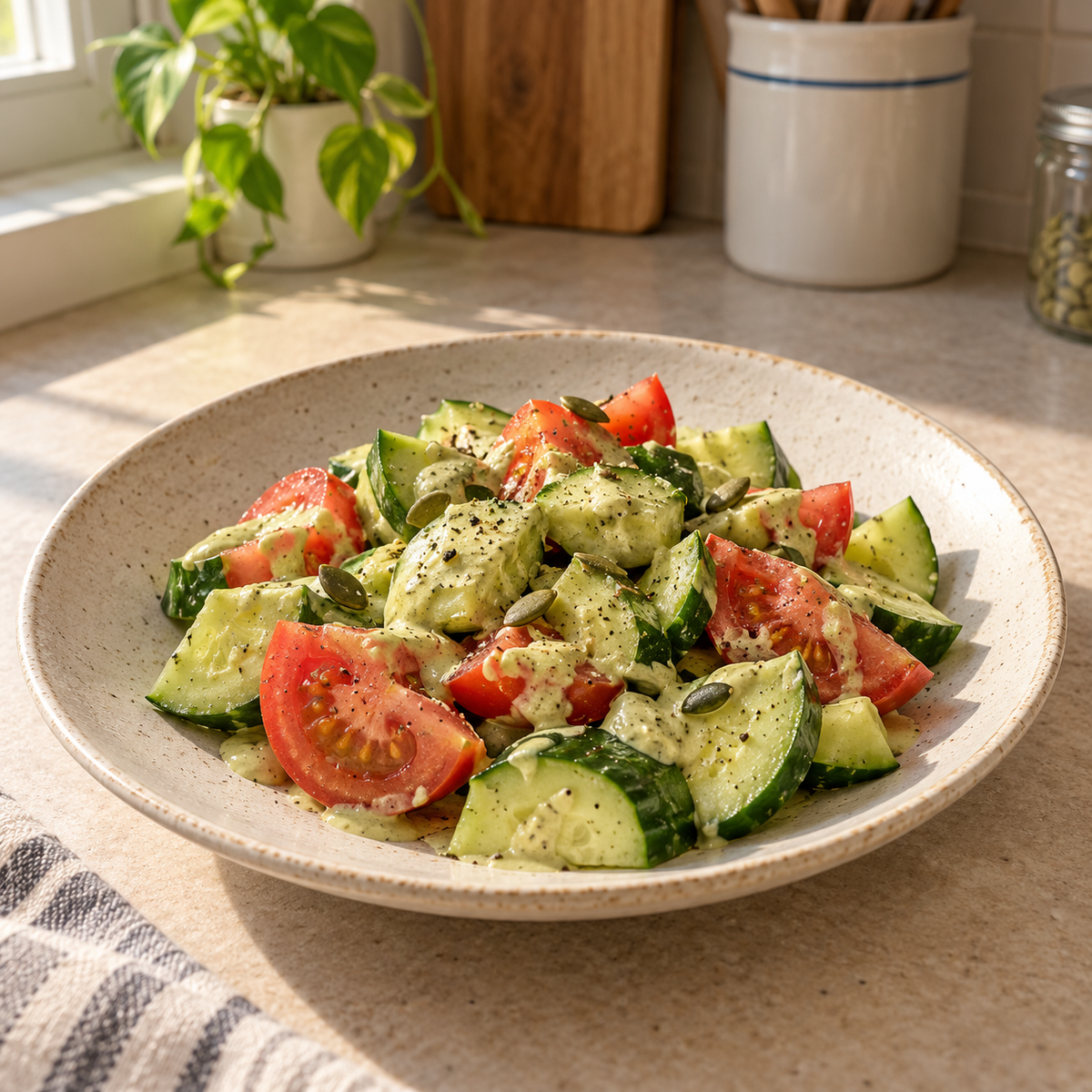 Cucumber and tomato salad with Pumpkin Seed Cream dressing