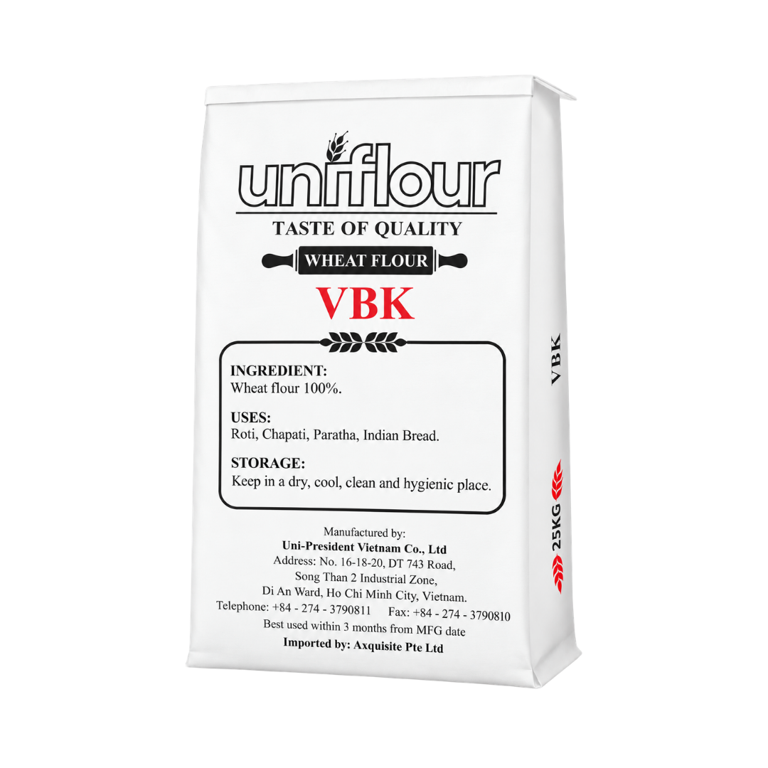 Uniflour VBK wheat flour bag, back view showing ingredients, uses and storage instructions