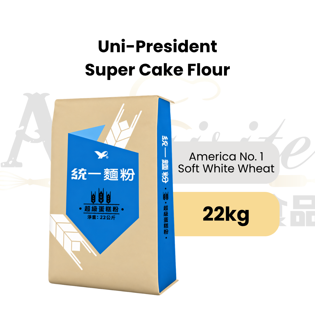 Uni-President Super Cake Flour made from Grade 1 American soft white wheat, in 22kg packaging.