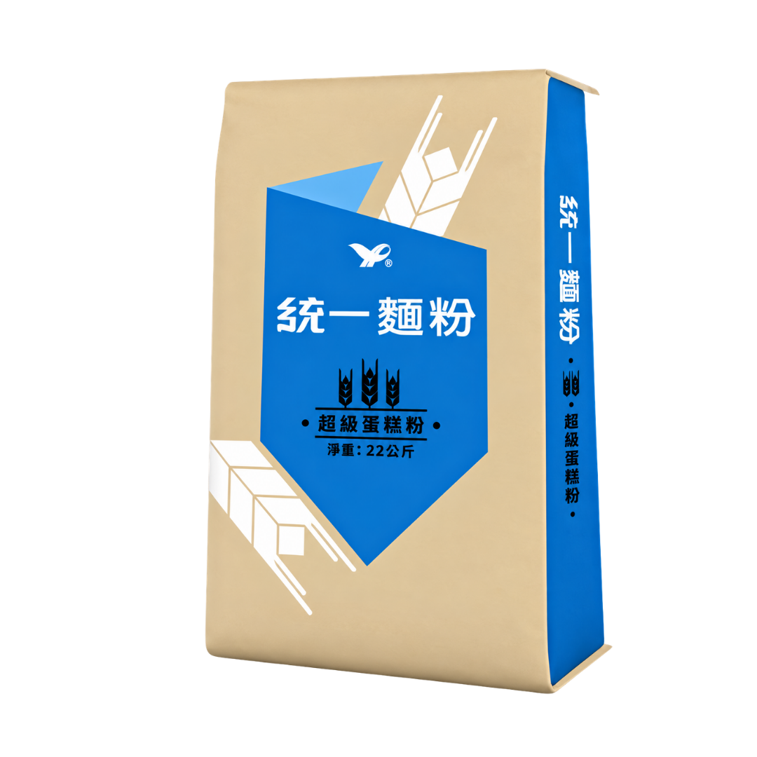 Uni-President Super Cake Fliour in blue brown paper bag, 22kg packaging