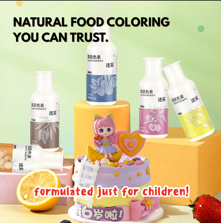 Bottles of natural food coloring  Liguid with a child-themed cake and decorations on a light green background.