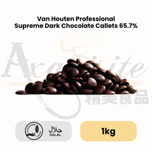 Van Houten Supreme dark chocolate callets, Van Houten 65.7 dark chocolate callets, Van Houten dark chocolate callets 1kg, 65.7 dark baking chocolate, halal dark chocolate callets, bittersweet dark chocolate coins 1kg, wholesale dark chocolate callets Singapore, bulk Van Houten chocolate supplier Singapore, bakery chocolate supplier Singapore, commercial baking chocolate 1kg, dark chocolate for enrobing and coating, chocolate callets for ganache, dark chocolate buttons for baking