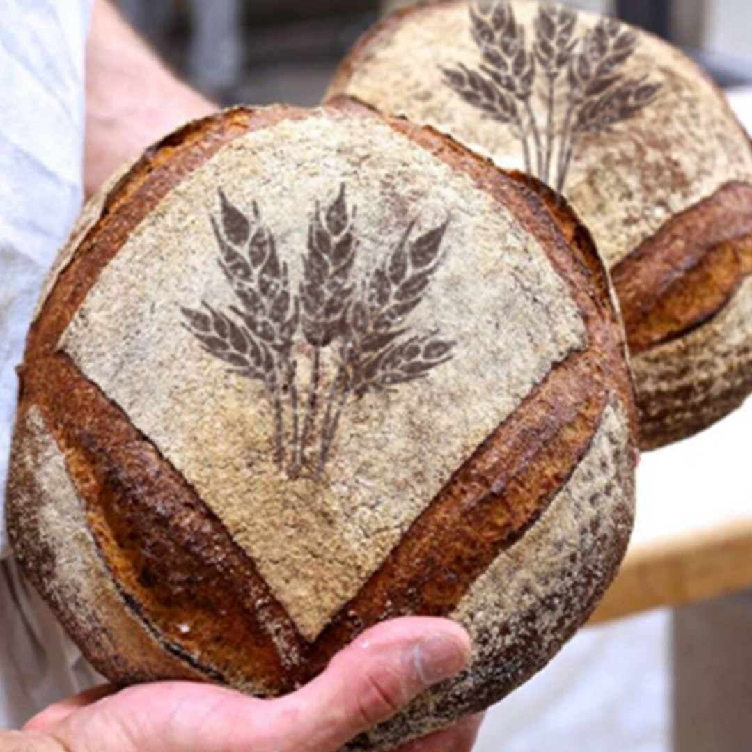 Two loaves of bread with a leaf design on the crust