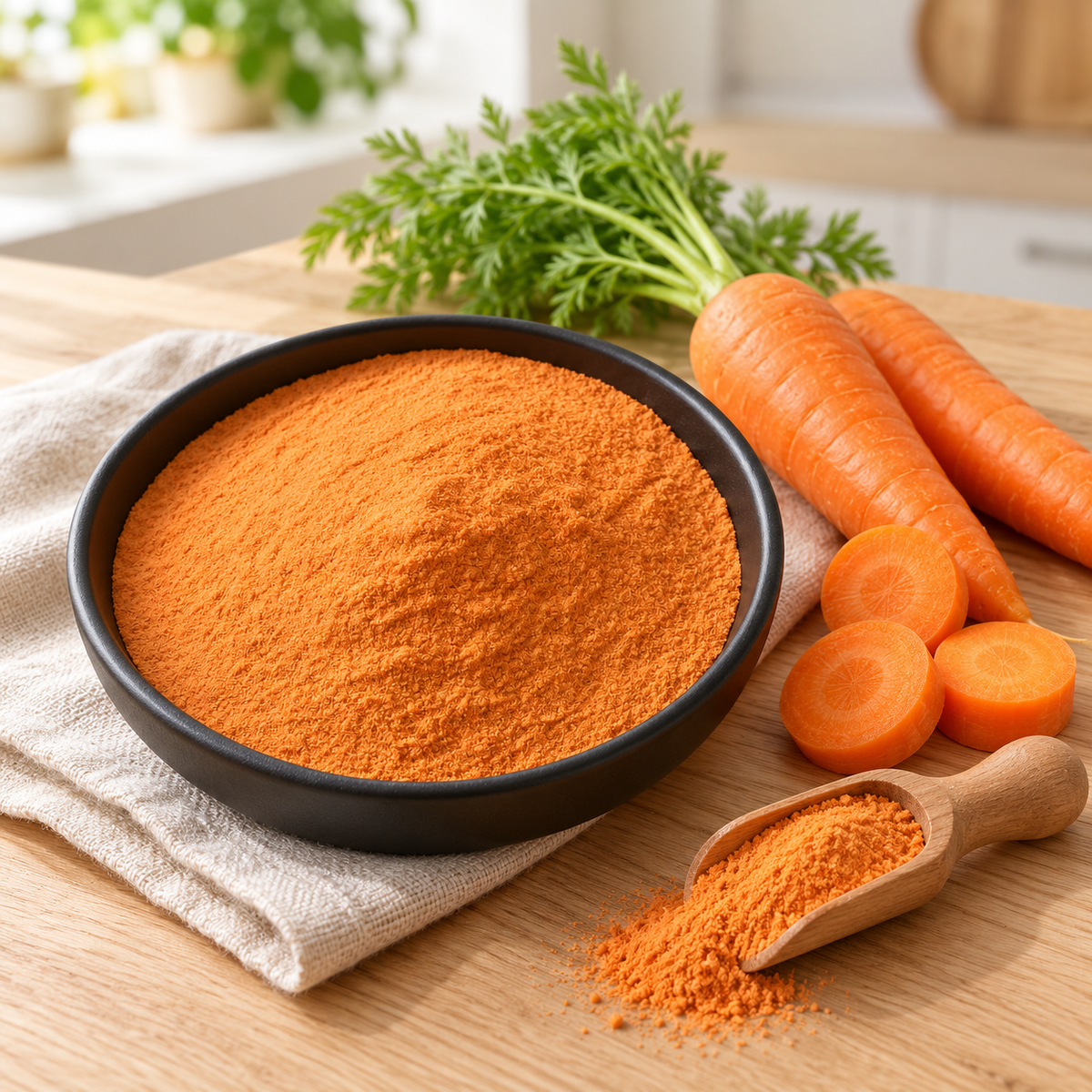 Orange carrot powder in a black bowl with fresh carrots, carrot slices and a wooden scoop.