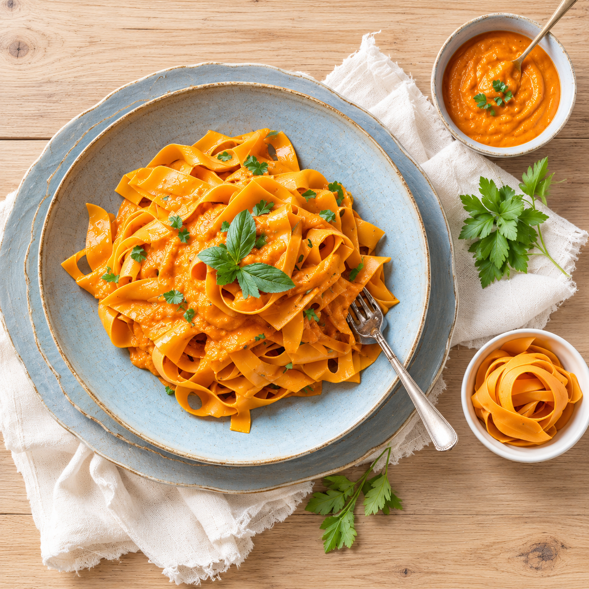 Ribbon pasta coated in orange carrot sauce and topped with fresh parsley