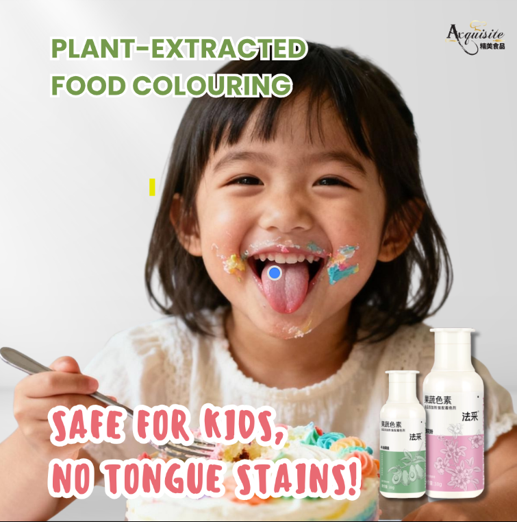 Fleur couleur Child with colorful food on face, smiling, with 'Plant-Extracted Food Colouring' and 'Safe for Kids' , Food colouring liquid .