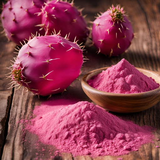 Pink prickly pear cactus powder in a wooden bowl beside whole prickly pear fruits