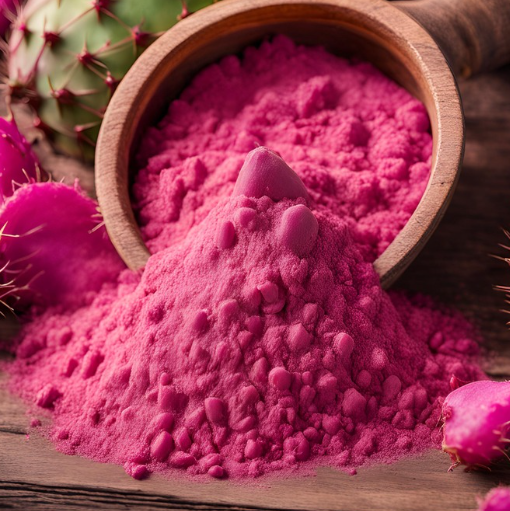 Bright pink prickly pear cactus powder spilling from a wooden bowl beside cactus fruit