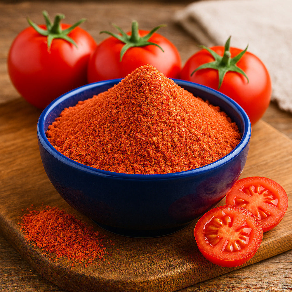 Red tomato powder in a blue bowl beside whole and sliced tomatoes