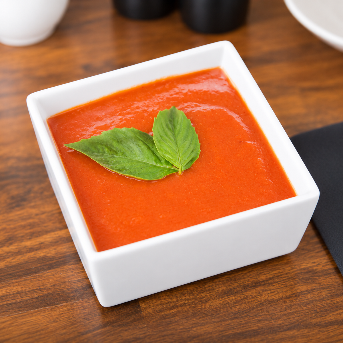 Smooth red tomato soup garnished with a basil leaf in a white bowl